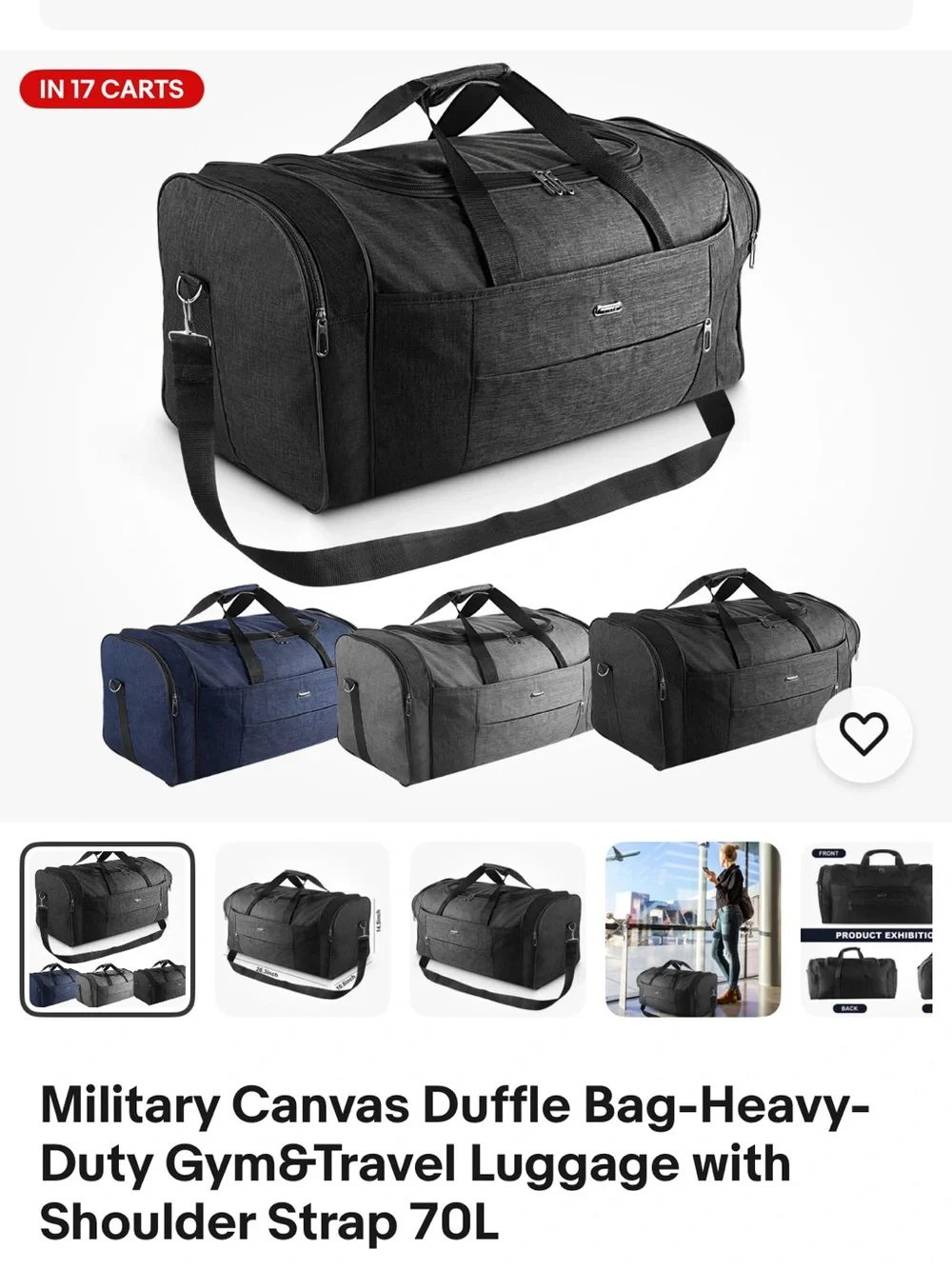 Heavy-Duty Black Canvas Duffle Bag with Shoulder Strap